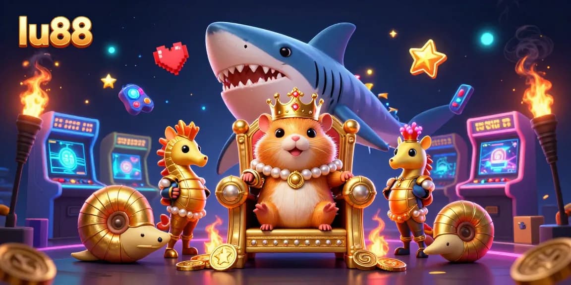 Play thrilling games at lu88 with a golden hamster king ruling from a shark tooth throne.