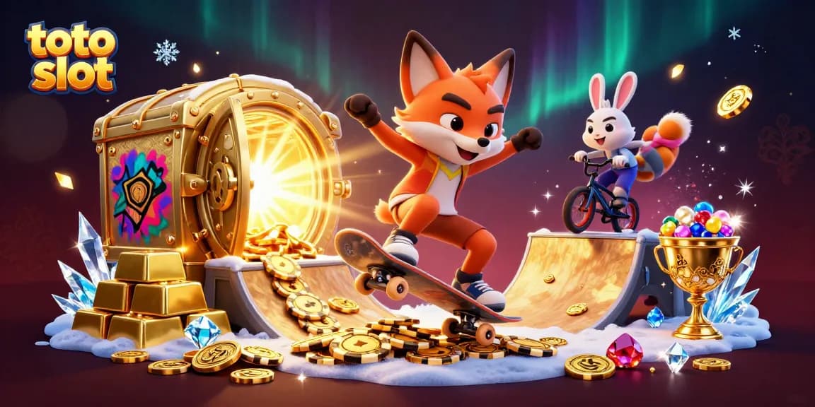 Experience thrilling toto slot action with a 3D fox and rabbit in a vibrant casino scene.