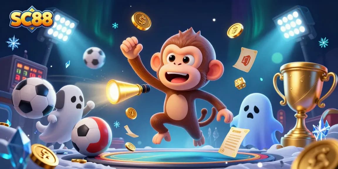 SC88's mischievous poltergeist monkey juggles golden gambling elements in a haunted casino scene.