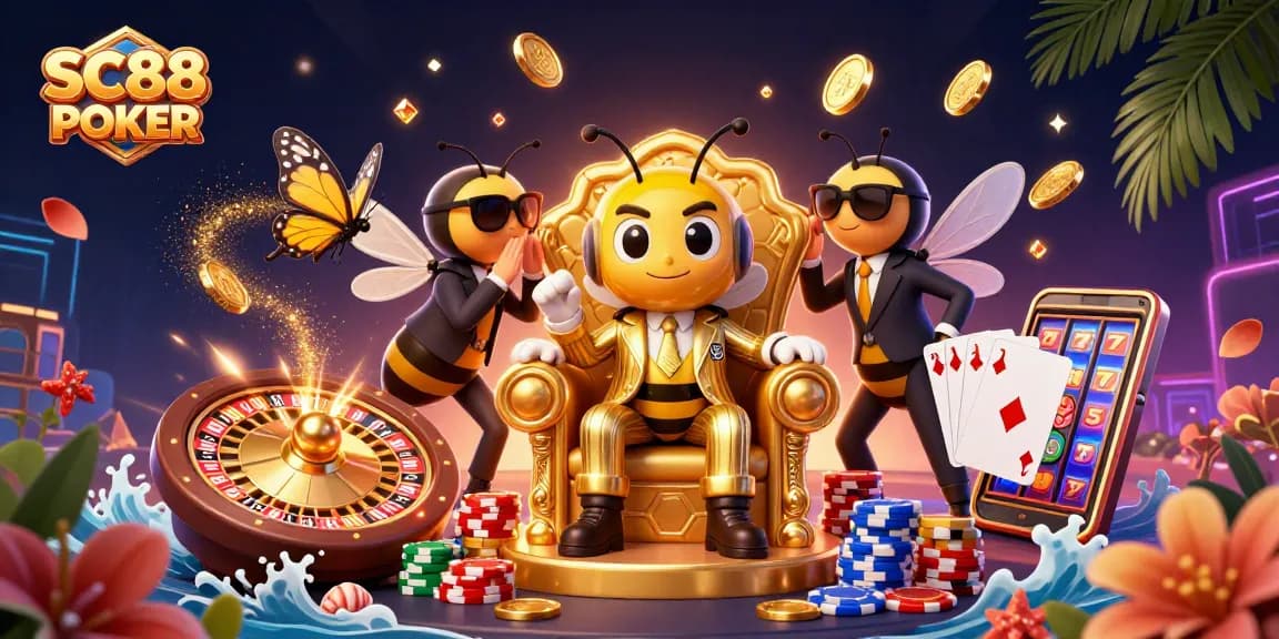 Engage with SC88 POKER's vibrant illustration featuring a mob boss and characters celebrating casino wins.