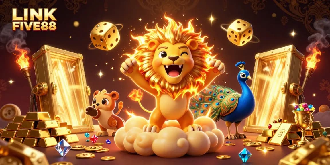Engaging illustration of LINK FIVE88 featuring a roaring lion, golden dice, and vibrant casino treasures.