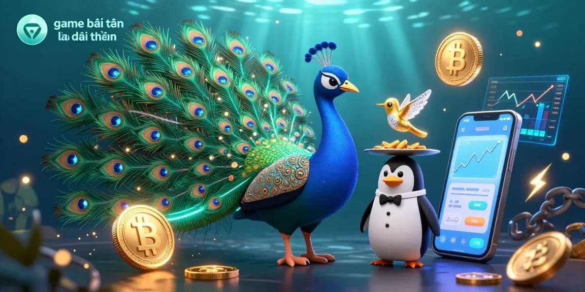 Play game bài tiến lên đổi thưởng with a colorful scene of characters and glowing crypto elements, perfect for mobile gambling.