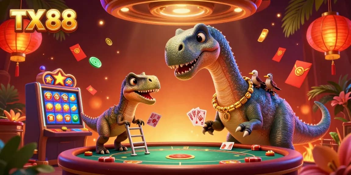 Experience the excitement of TX 88 with a towering 3D brontosaurus in a vibrant casino scene.