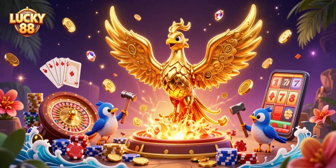Experience the excitement of LUCKY 88 with a dynamic scene filled with casino elements and golden treasures.