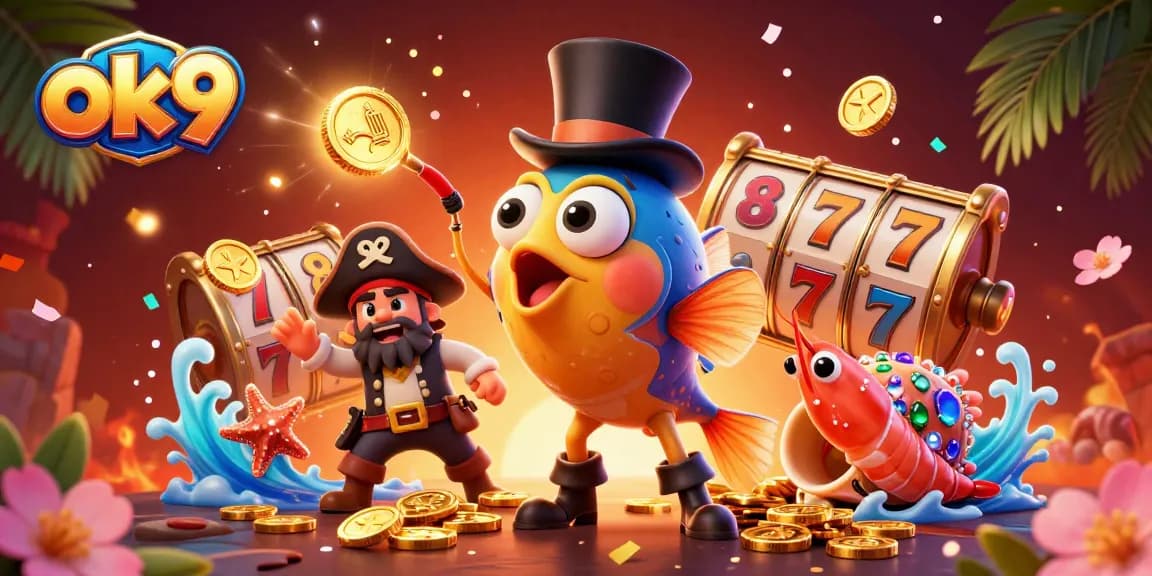 Spin to win at ok9 with vibrant characters and dynamic slots-filled underwater casino scene.
