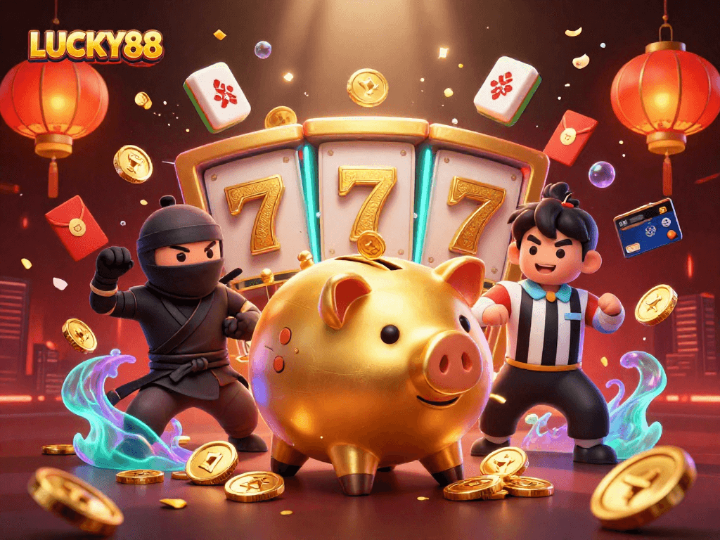 LUCKY88 showcases an exciting casino scene featuring dynamic characters, slot reels, and festive elements.