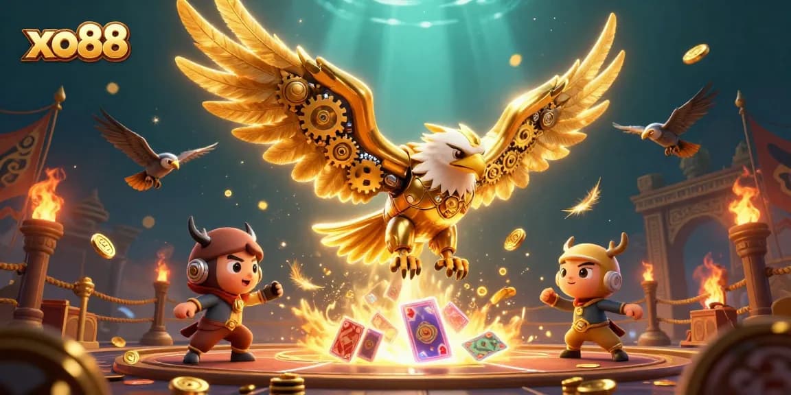 Bet on thrilling adventures with xo88, featuring a golden eagle soaring through holographic cards and casino elements.
