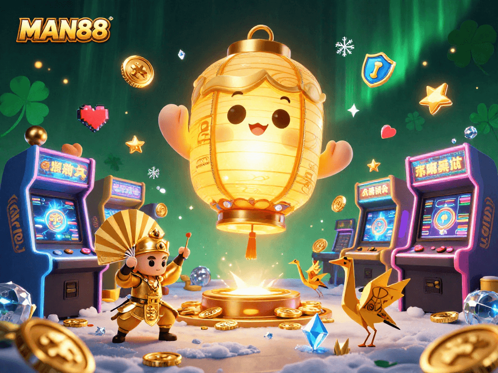 Engage in thrilling games at MAN88's dynamic casino, featuring vibrant spirits and ornate gaming elements.