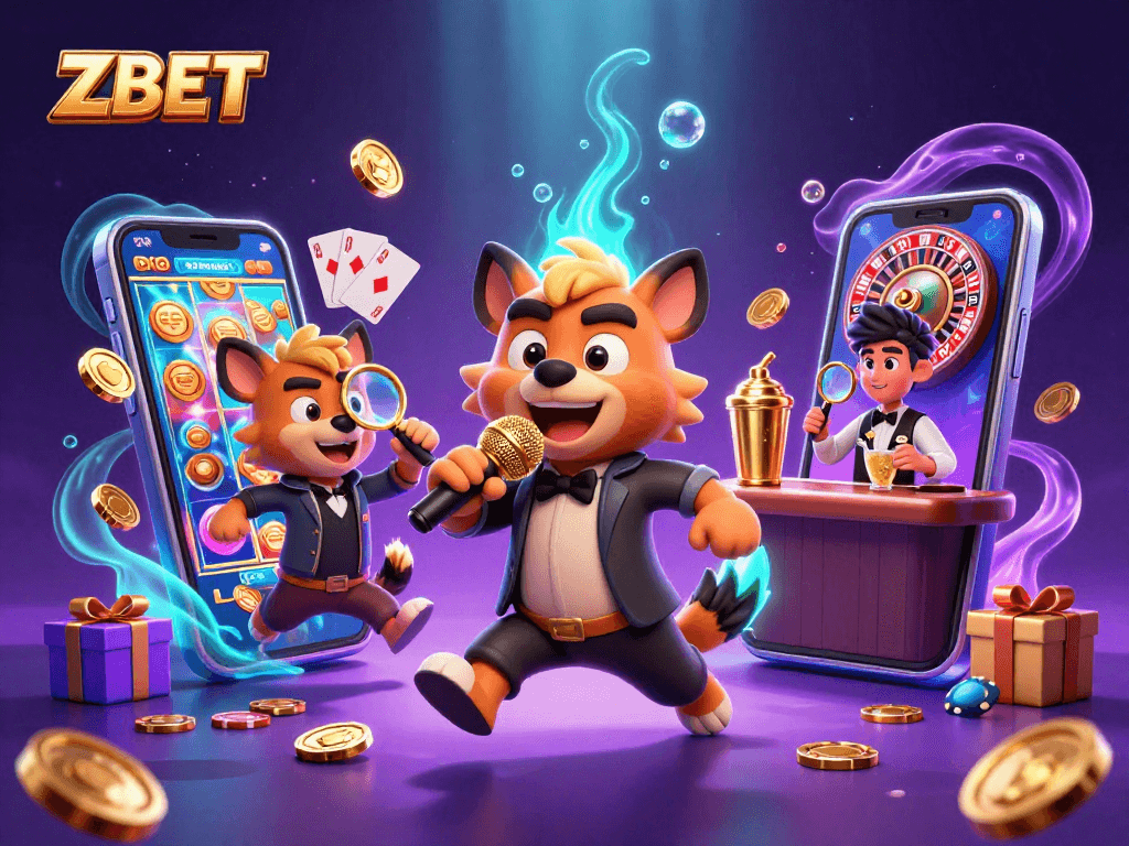 ZBET showcases a vibrant casino scene with hyenas in a comedy club, emphasizing entertainment and excitement.