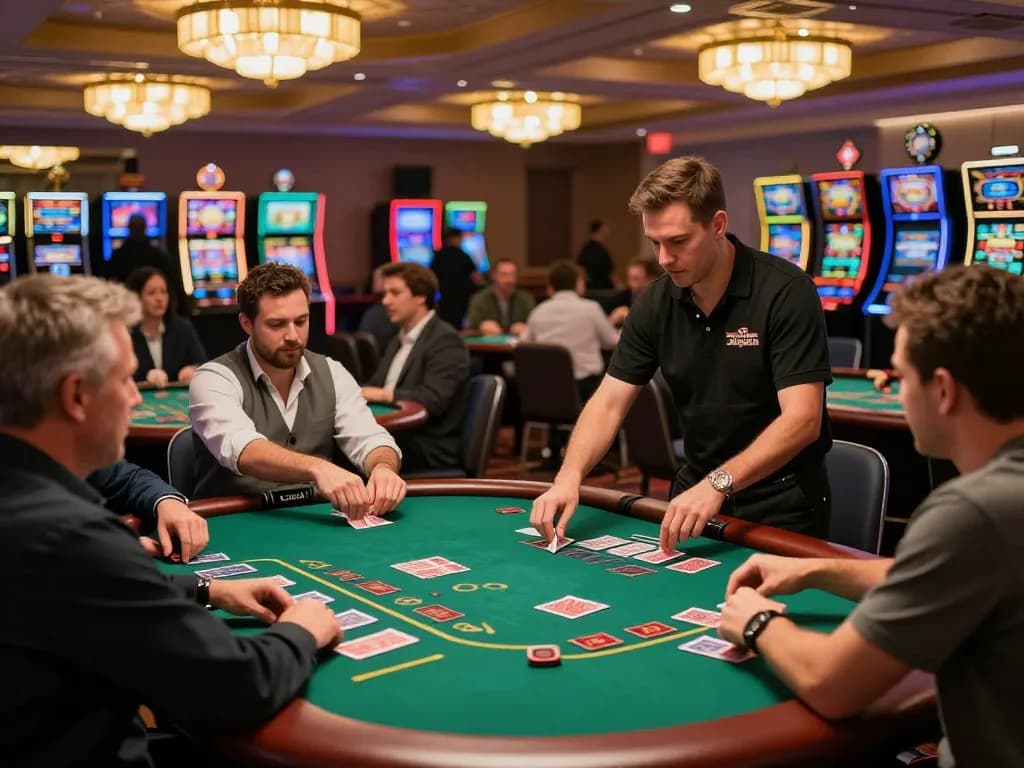 cm88 blackjack players strategizing at vibrant casino tables in warm lighting
