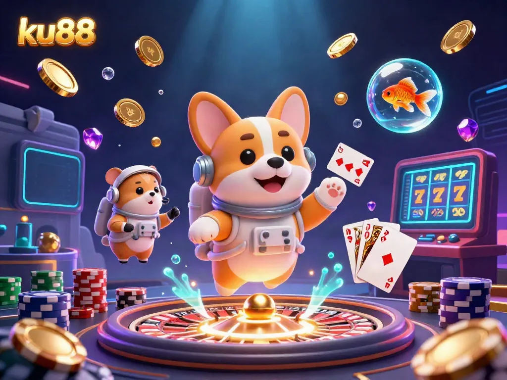 Experience the thrilling atmosphere of ku88 with a 3D cartoon astronaut corgi and vibrant casino elements.