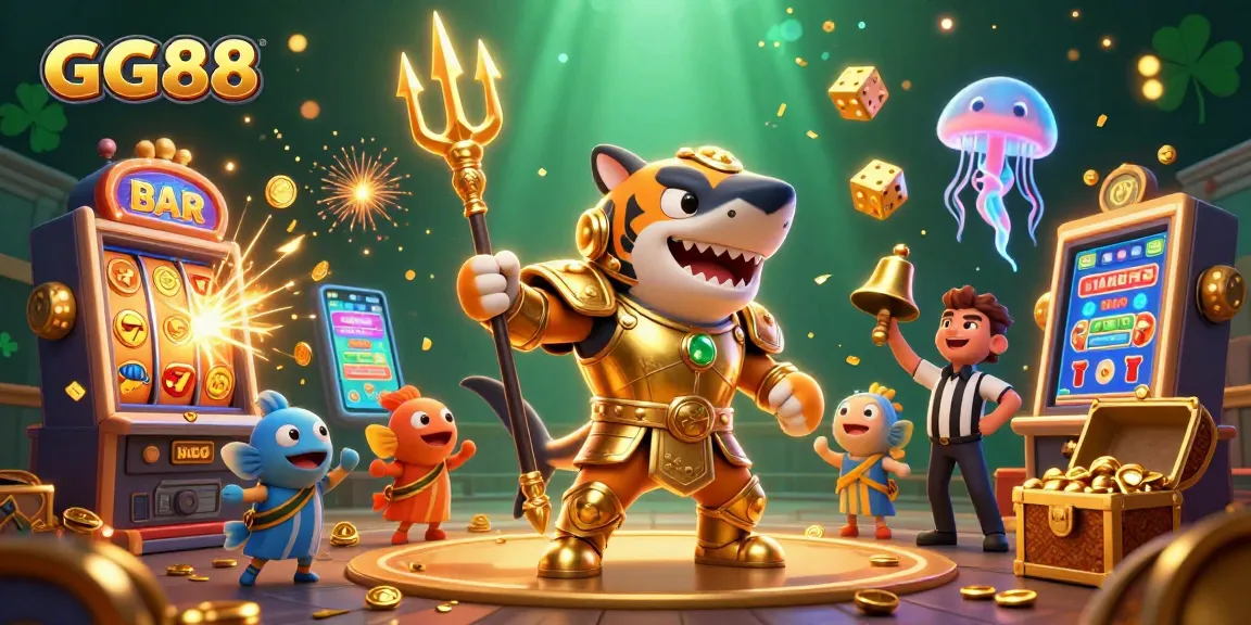 Experience the thrill of GG88 with a dynamic underwater casino scene featuring a tiger shark and slot machine action.