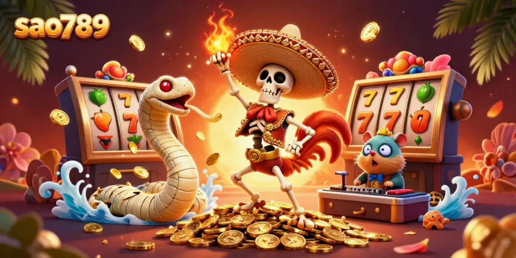 Experience excitement at sao789 with a lively victory dance among golden coins and vibrant casino elements.