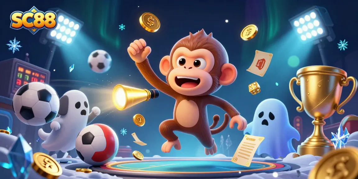 SC88's mischievous poltergeist monkey juggles golden gambling elements in a haunted casino scene.