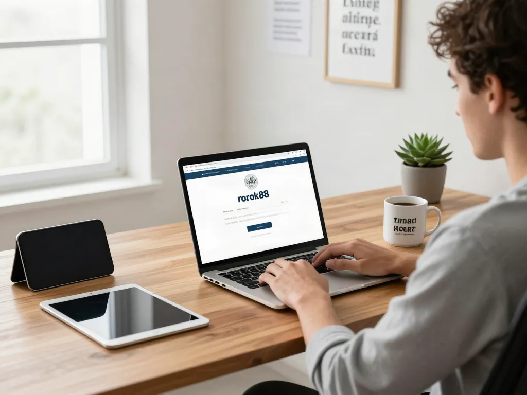 Person logging into rokok88 link on a laptop at a modern desk