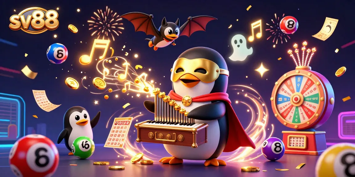 Win big with sv88's vibrant 3D gambling illustration featuring a cartoon penguin and lively game elements.