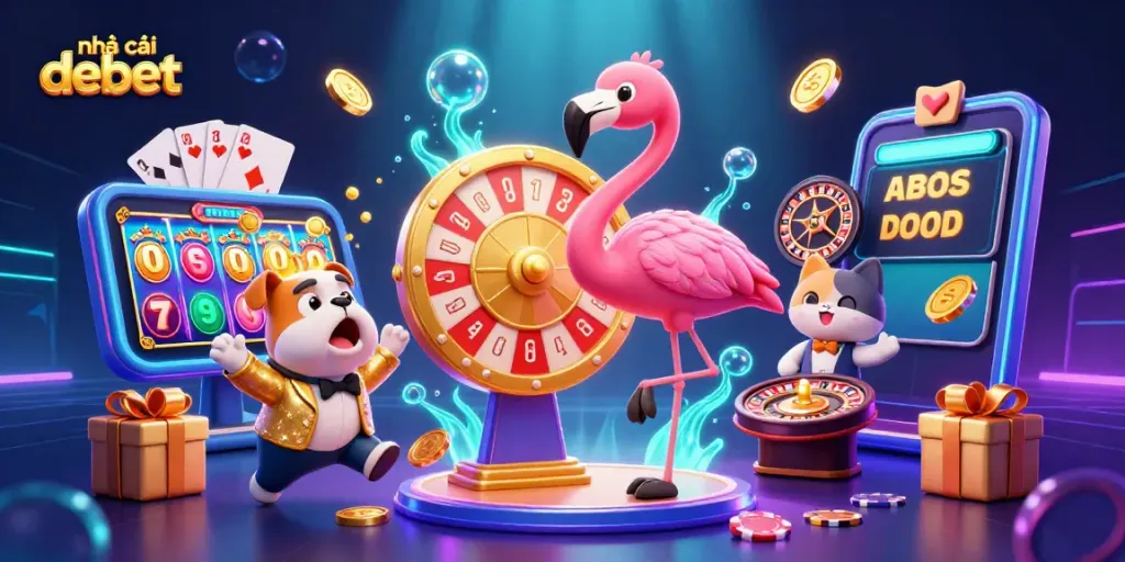 Exciting scene of nhà cái debet with a flamingo host, bulldog contestant, and cat scoreboard, surrounded by vibrant slot games.