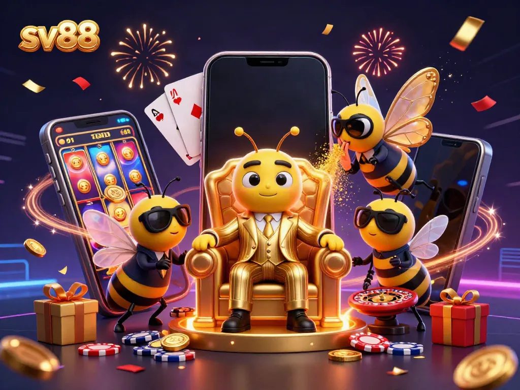 Experience the exciting atmosphere of sv88 with a dynamic illustration of a bumblebee mob boss and casino elements.