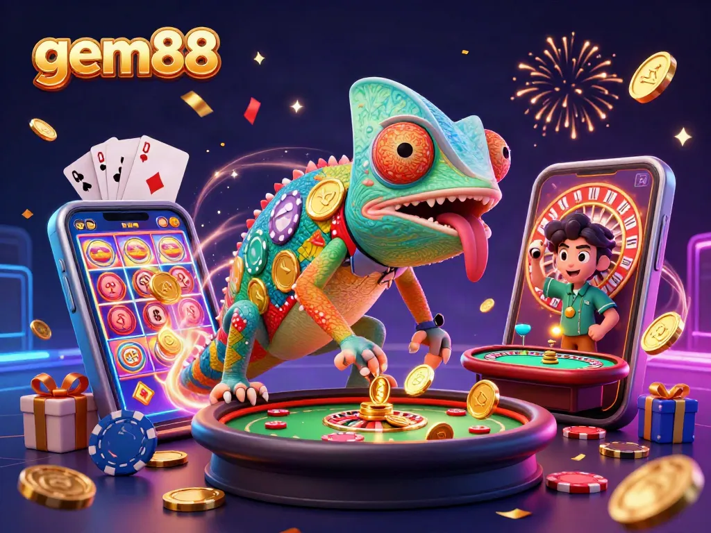 Experience excitement at gem88 with a vibrant 3D illustration featuring dynamic casino elements.
