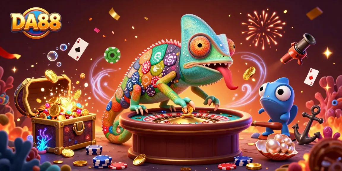 Experience excitement at DA88 with a vibrant casino illustration showcasing a colorful chameleon owner and dynamic gaming elements.