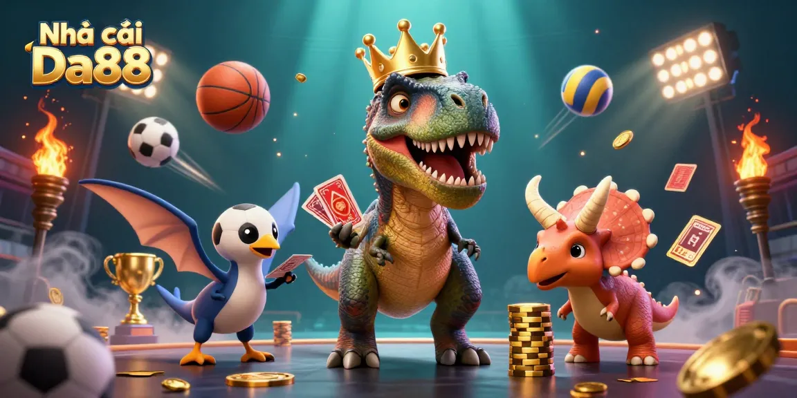 Experience thrilling gaming at Nhà cái Da88 with a fun scene featuring dinosaur characters and dynamic sports elements.