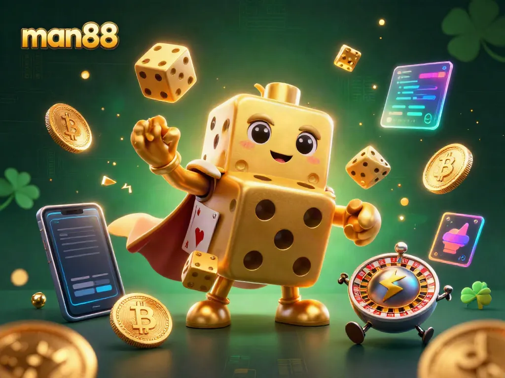 Experience thrilling gameplay with man88's golden dice golem and crypto-themed casino elements.
