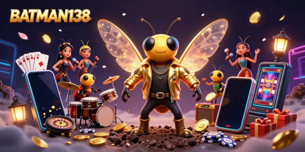 Experience thrilling slots with BATMAN138 as vibrant games and dynamic characters illuminate the stage.
