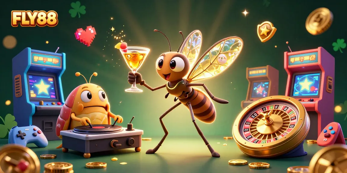 Engage in gaming at FLY88 with a vibrant atmosphere featuring a lively mosquito mascot and casino elements.