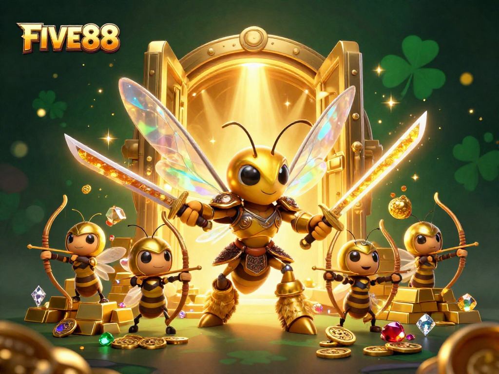 Experience the excitement of FIVE88 with a vibrant 3D casino scene bursting with treasures and dynamic characters.