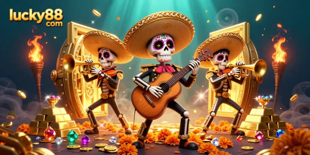 Experience the thrilling casino atmosphere with lucky88 com, as vibrant mariachi characters celebrate with treasures.