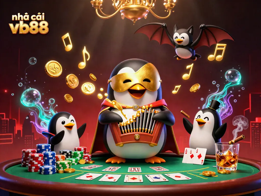 Experience the lively action of nhà cái vb88 as a penguin plays for golden winnings in a vibrant casino scene.
