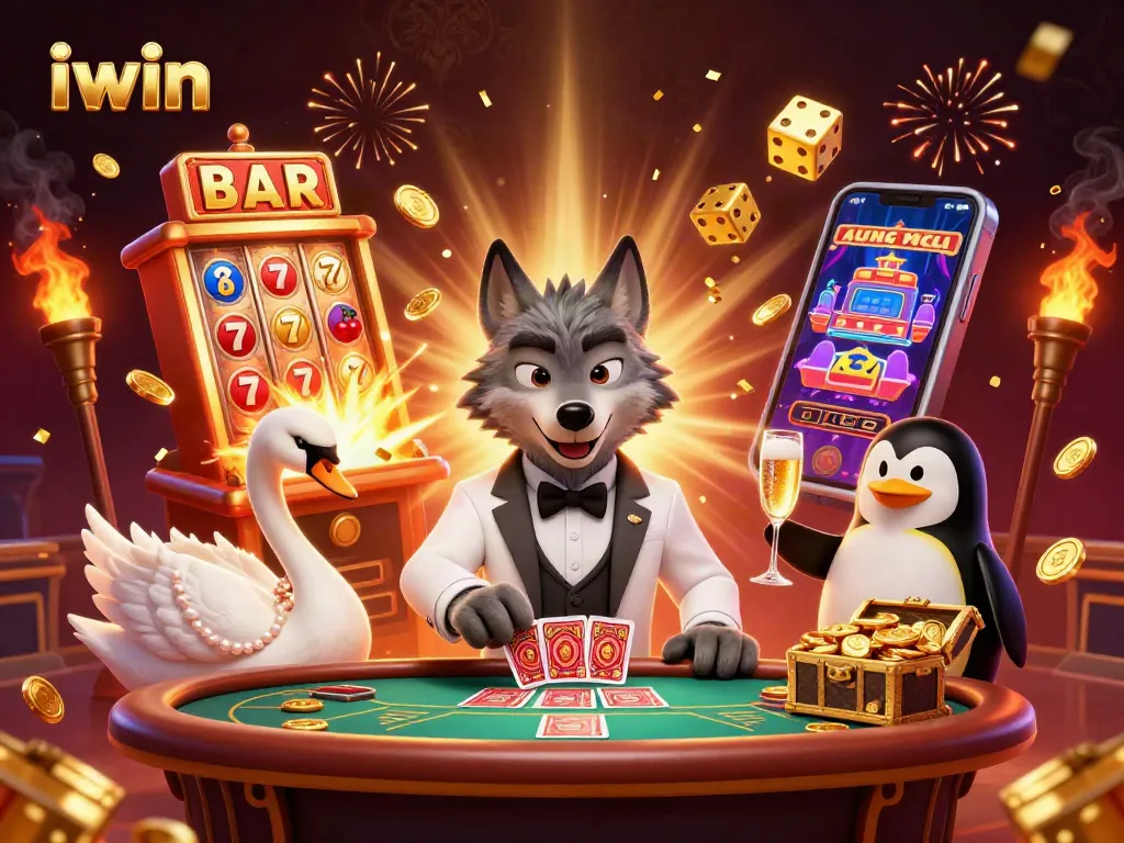 iwin players enjoying thrilling baccarat with wolf, swan, and penguin amidst a jackpot explosion