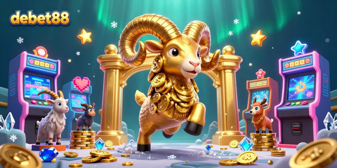 Join the debet88 excitement with a vibrant 3D casino illustration featuring a golden ram and arcade games.