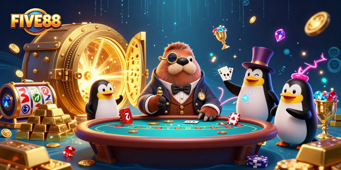 Join the FIVE88 poker showdown with a jolly walrus, penguin dealer, and bluffing pufferfish.