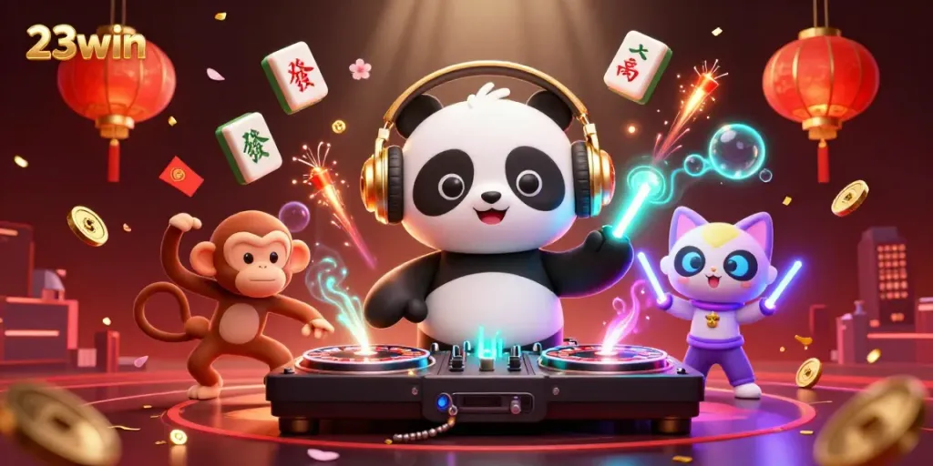Experience vibrant gaming energy with 23win's captivating casino characters in a dynamic 3D scene.