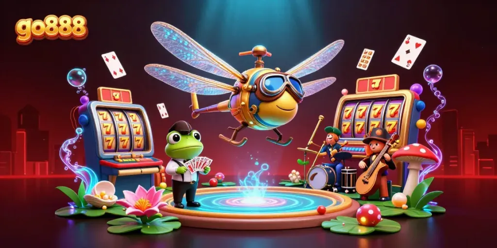 Engage with go888's lively casino atmosphere featuring a dragonfly pilot, frog croupier, and slot games.