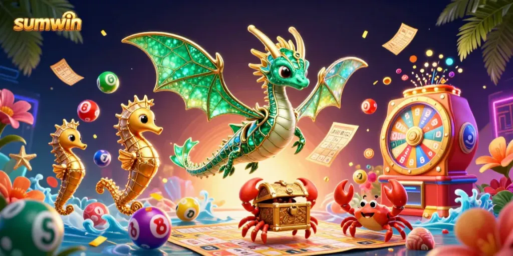 Win big with sumwin at vibrant online casino, featuring animated sea dragon and colorful game elements.