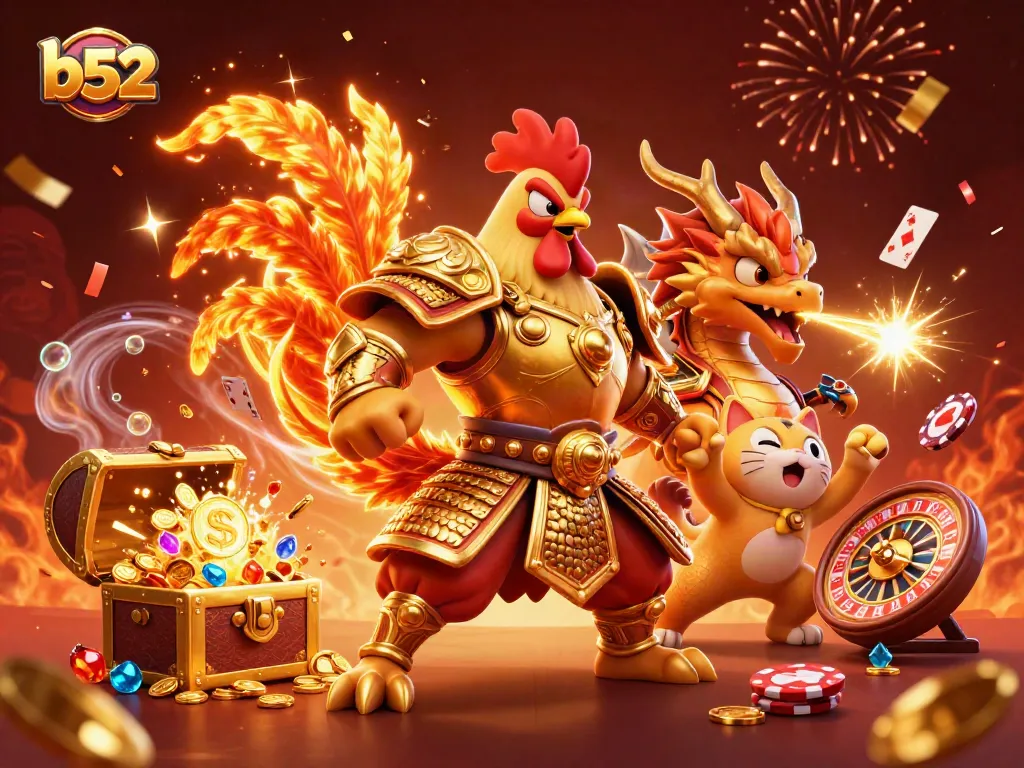 Join the exciting world of b52 as a warrior rooster and dragon hatchling celebrate amidst gold coins and casino elements.