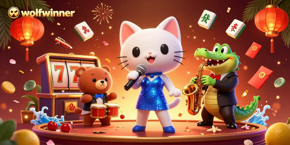 Wolfwinner showcases a vibrant casino scene with animated characters and gaming elements.