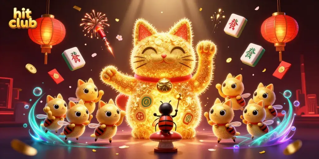 Engage in the vibrant hit club experience with golden fireflies transforming into a lucky cat amid casino symbols.
