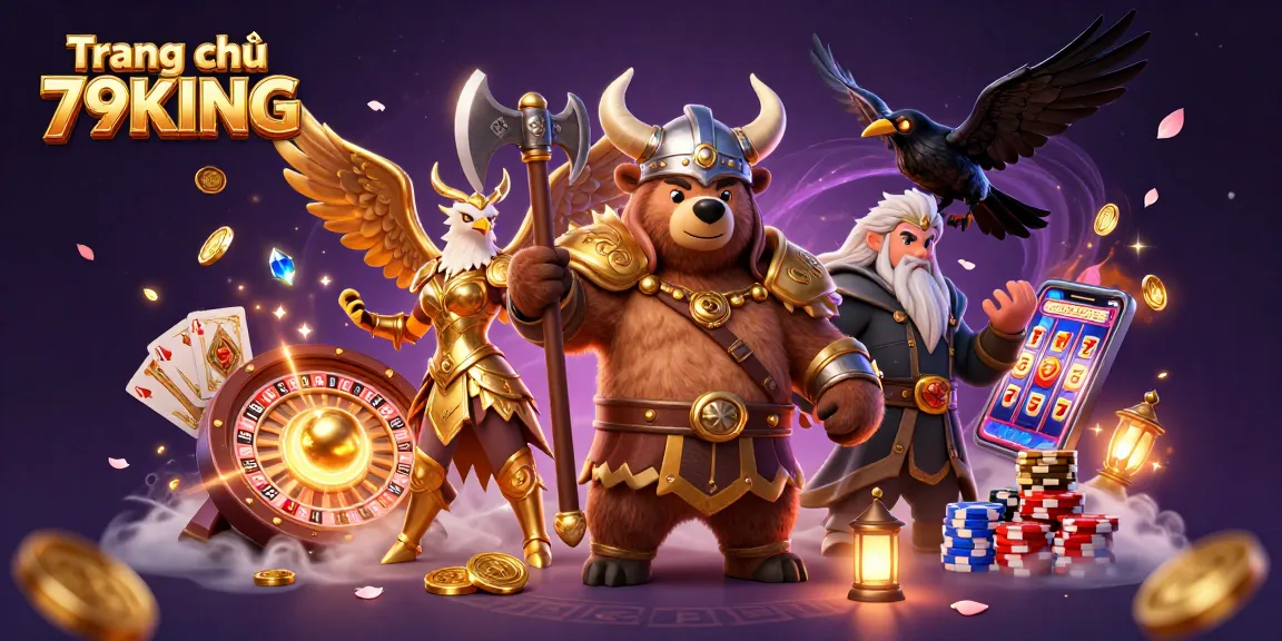 Experience the excitement of casino gaming with Trang chủ 79KING's vibrant 3D cartoon illustration filled with action and gold.