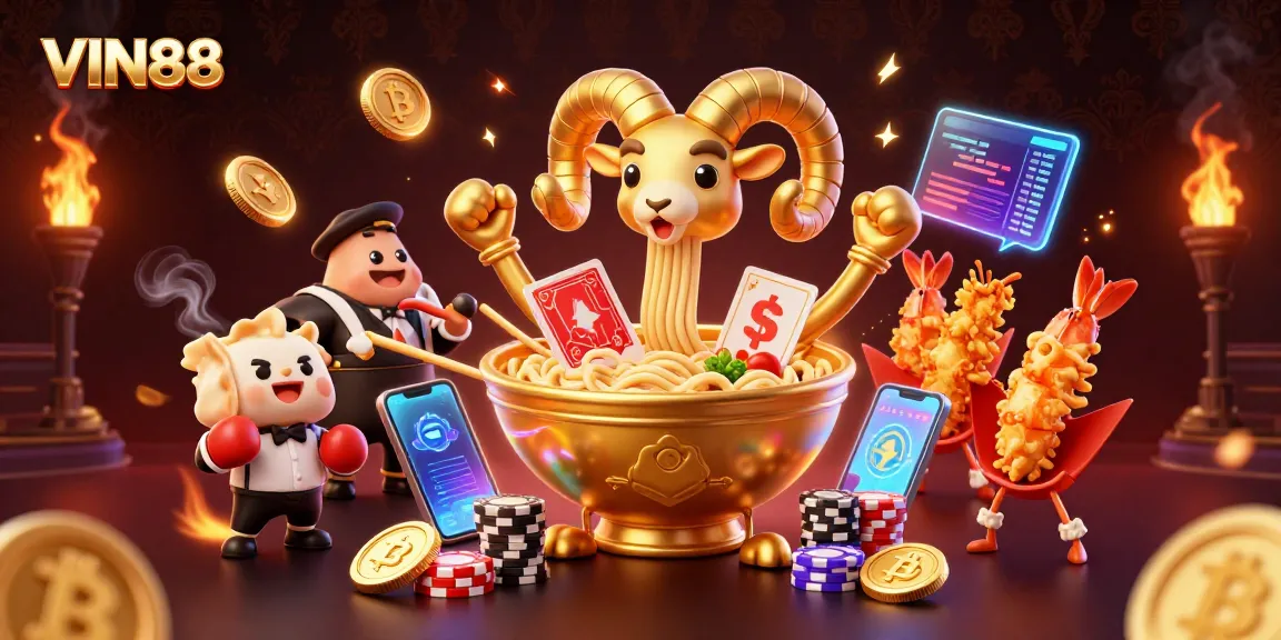 Engage with VIN88's exciting casino experience featuring a colorful, dynamic 3D illustration of animated characters.