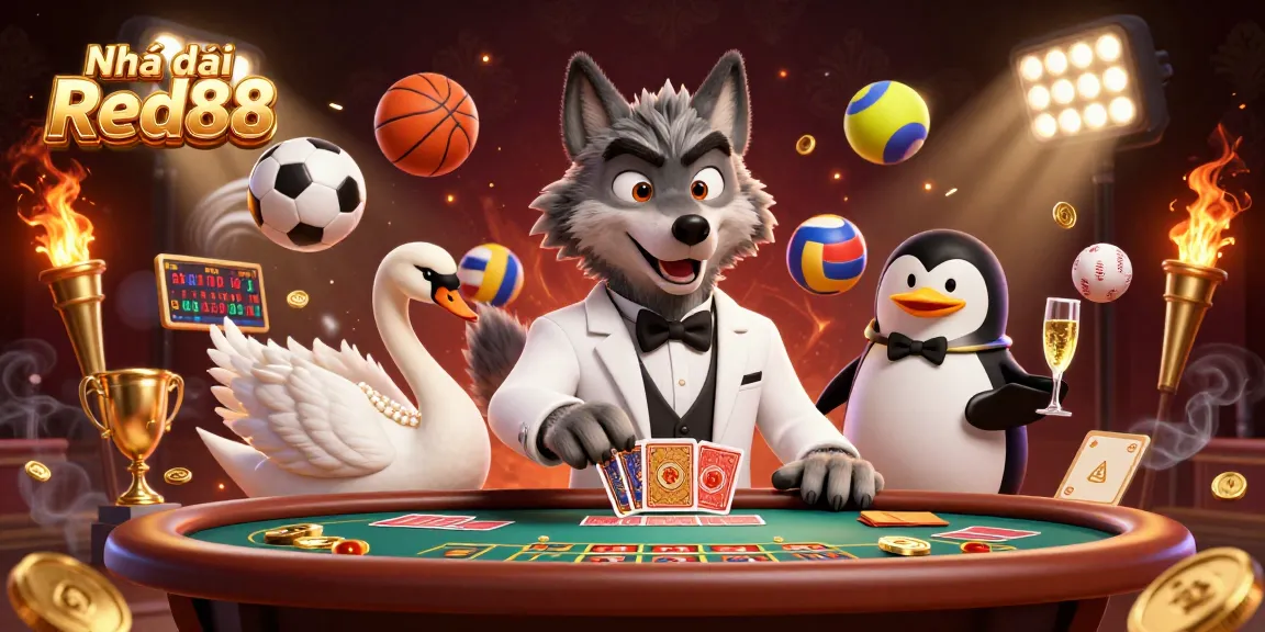 Experience the thrill of Nhà cái Red88 with an exquisite 3D casino scene featuring vibrant characters and dynamic elements.