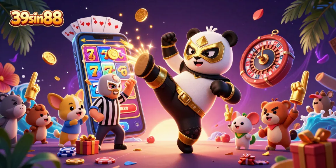 Epic 39sin88 scene featuring colorful slots and animal characters, creating a lively casino atmosphere.