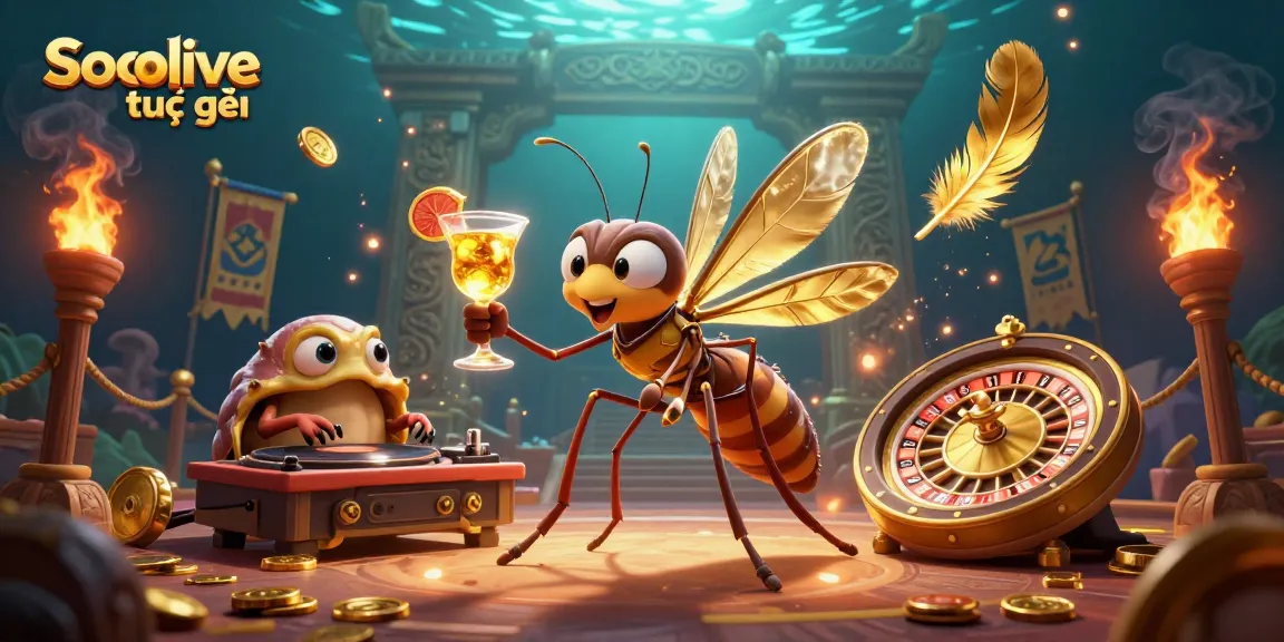 Experience Socolive trực tiếp with vibrant graphics featuring a casino mascot amidst golden coins and roulette wheels.