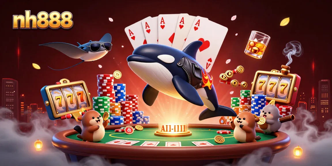 Engage with nh888 in a lively 3D casino scene featuring an orca whale, a stingray, and otters celebrating winnings.