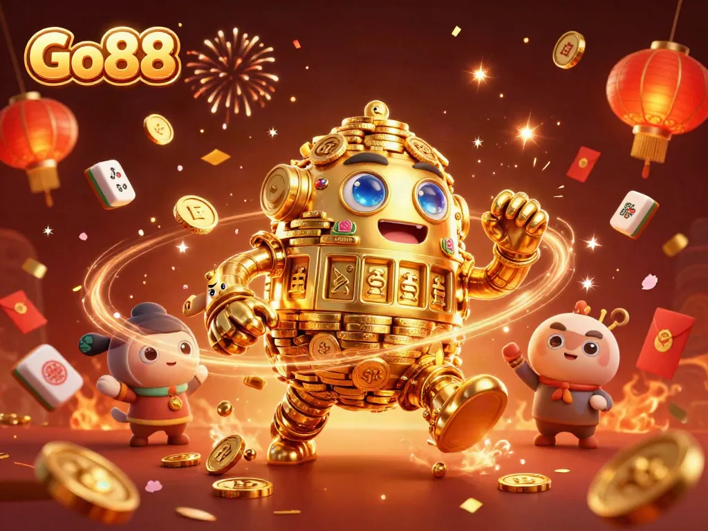 Experience the thrill of Go88 with a vibrant illustration of a golden golem amidst festive gambling elements.