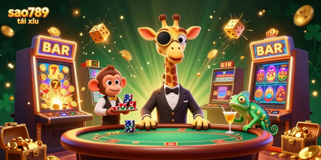 Experience the thrill of sao789 tài xỉu with a high-roller giraffe, monkey valet, and a chameleon bartender in an exciting casino scene.