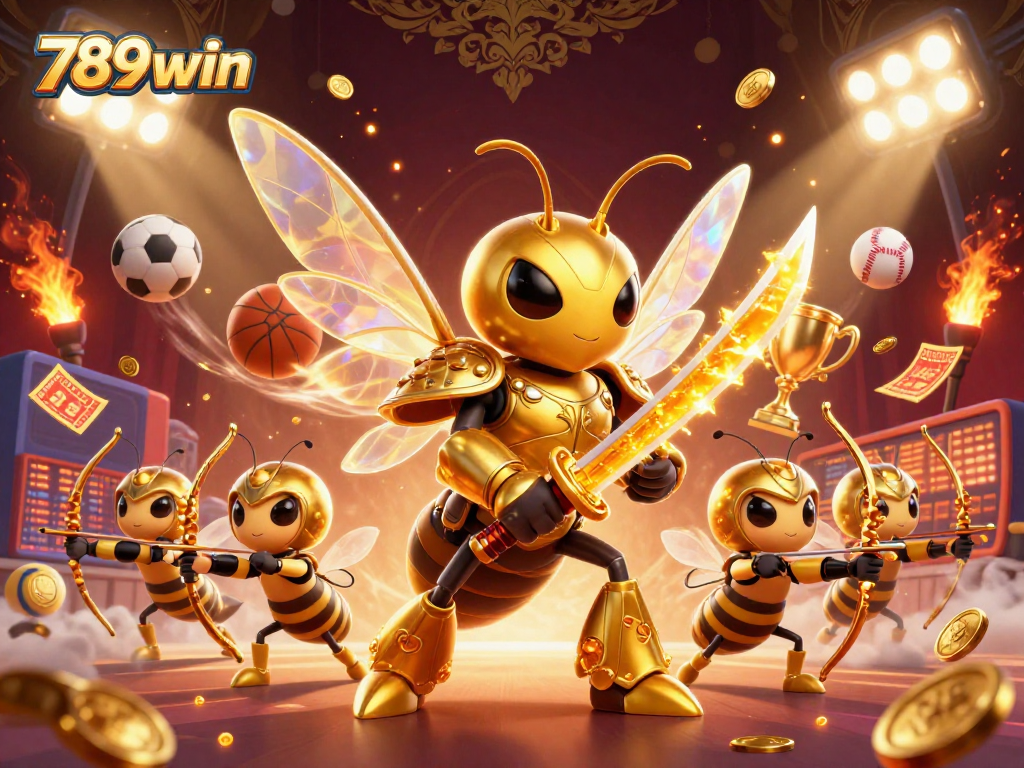 Experience thrilling sports action with 789win, featuring a golden hornet and sports elements in a dynamic gambling scene.