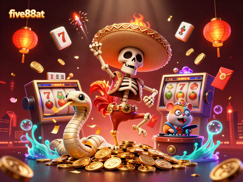 Experience exciting wins at five88at with a festive 3D casino scene featuring dynamic character elements and slot games.